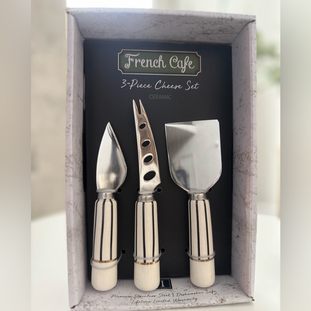 New! 🇫🇷Limited Ed French Cafe Premium Stainless Steel Ceramic Cheese Set 3-pc
